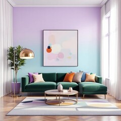 Modern Living Room Interior: A contemporary living room showcasing a vibrant teal sofa, a stylish gold lamp, and a captivating piece of art. The design incorporates an array of colorful throw pillows.