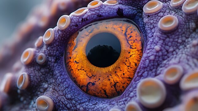 Octopus Stare Mesmerizing golden eye and purple skin with underwater scene.