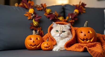 A fluffy white cat is wrapped in an orange blanket, sitting between two carved pumpkins with a smaller pumpkin in front, all decorated for Halloween.
