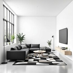 Modern Living Space: A contemporary living room, defined by sleek design and functional comfort. Featuring a spacious sectional sofa, decorative rug, minimalist accents, a large window.