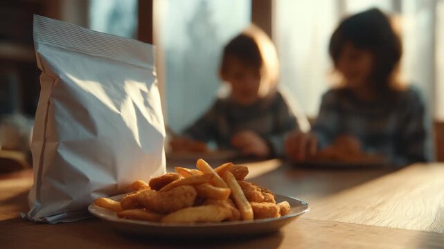Plate of fries and chicken nuggets near closed snack bag on wooden table, warm natural light background, concept of casual family mealtime
