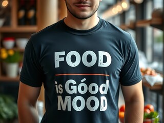 Stylish man wearing a food-themed t-shirt in a bright, modern kitchen