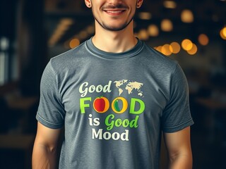 Smiling Man Wearing Good Food is Good Mood T-Shirt