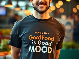 Smiling Man in "Good Food is Good Mood" T-Shirt at Market
