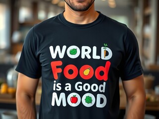 Man Wearing Black T-Shirt with Colorful "World Food is a Good Mood" Design