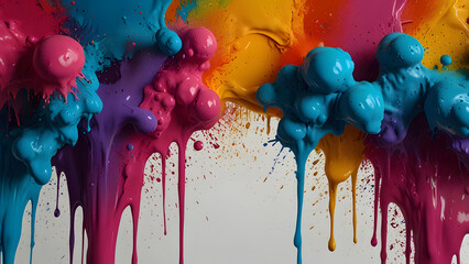 Minimal artistic background with spilled colors flowing and dripping across the canvas, creating a vibrant explosion of paint.
