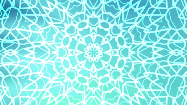 Abstracts Twirls Kaleidoscope A, Abstract animated glowing floral mandala pattern on a blue and turquoise gradient background,  royalty free stock.