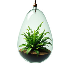 Green fern plant thrives inside a clear, teardrop-shaped glass terrarium suspended by a brown leather cord against a black background, showcasing a miniature ecosystem and the beauty of nature.