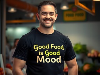 Smiling Man in "Good Food is Good Mood" T-Shirt, Supermarket Setting