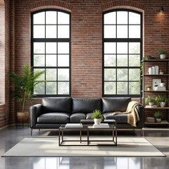 Loft Living Room: A stylish and inviting interior showcasing a modern black leather sofa and a sleek metal coffee table, perfectly positioned beneath two large.