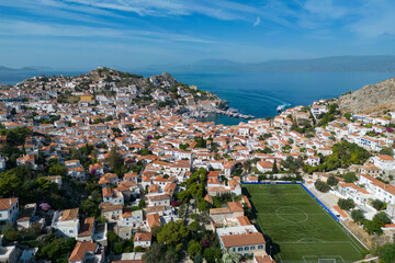 Aerial view of Hydra island with football field