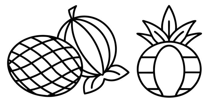 Simple line art icons of exotic fruits mango pineapple and other tropical delights