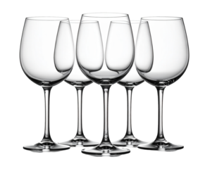 Six clear, empty wine glasses are arranged in a row against a stark black background, highlighting their elegant shapes and transparency.