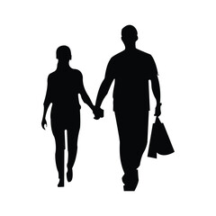 Silhouette of a couple walking hand-in-hand in minimalist style on white background