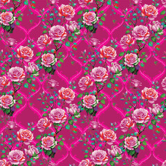 Seamless background pattern of lilac branches with white butterflies. Realistic lilac pattern branch with flowers and leaves on a white background. Vector.