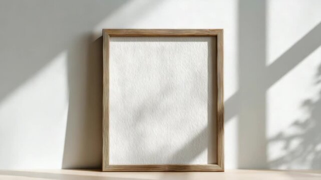 Empty natural wood frame with white textured paper placed on wooden desk, soft sunlight casting shadows on plain wall, concept of minimal interior