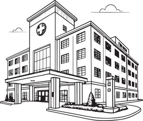 Hospital Clinic Business Hand-drawn Vector Illustration, Sketch Drawing Doodle Line Linear Symbol Icon Engraving Coloring Book, Black and White Isolated