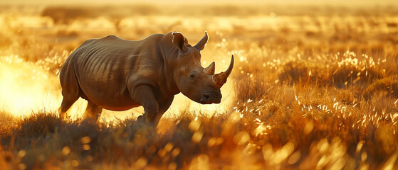 Rhino in golden light, majestic rhinoceros in a sunlit african landscape environment