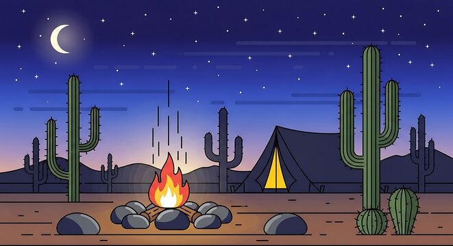 Desert Night Campfire Scene with Cacti.