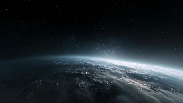 Outer space scene showing Earth's curved horizon, realistic style, starry dark background, concept of cosmic beauty and exploration