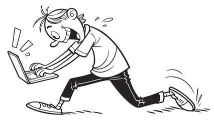 Enthusiastic stick figure man typing fast on laptop computer black and white line art