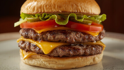 Double cheeseburger with two beef patties melted cheese lettuce tomato and pickles hamburger double burger