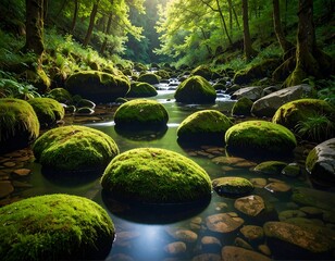 Forest stream, sunlit rocks