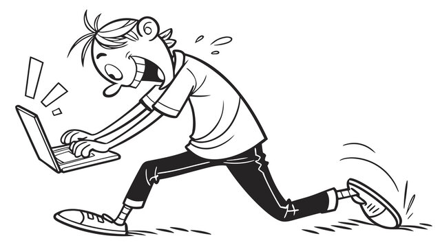 Enthusiastic stick figure man typing fast on laptop computer black and white line art