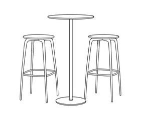 Round table and tall stools line drawing in modern style in black and white