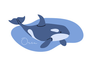 Whale killer, Orca whale Flat vector illustrations of North animal. Orca with inscription. Wild animals of Arctic Circle. Arctic white north animal. Huge mammal with white spots in the icy water