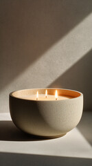 modern candle, large round bowl-shaped vessel made of textured beige ceramic, simple pedestal base