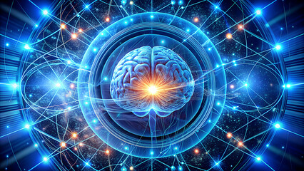 Abstract digital brain with neural network and glowing energy