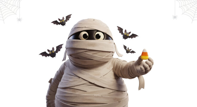 A cute, cartoonish mummy character with bandaged wraps and googly eyes, holding a piece of candy corn and surrounded by flying bats against a white background.