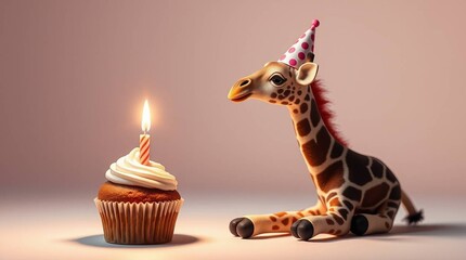 giraffe in a festive hat and a festive cupcake with a candle