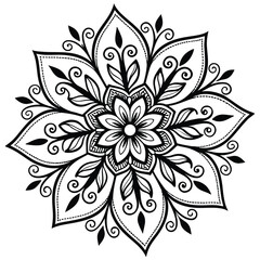 Intricate black and white floral mandala design with swirling patterns and delicate leaf motifs black and white floral ornament