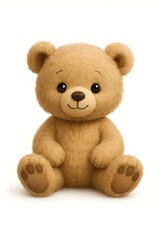 Cute plush teddy bear sitting with a friendly smile, fluffy brown fur and paw pads, isolated on white background.