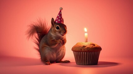 squirrel with birthday cake with candle 