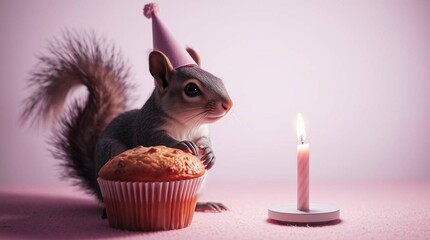 squirrel with birthday cake with candle 
