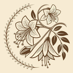 Elegant brown floral illustration with delicate leaves and swirling vine border on cream background