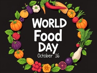 Vibrant World Food Day illustration featuring diverse food items on dark background