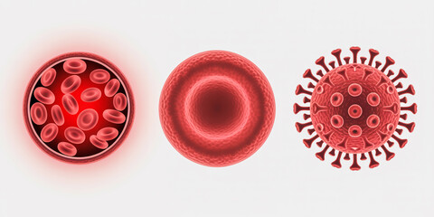 Microscopic view of blood cells and coronavirus particles in a medical study
