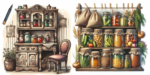 Harvest kitchen pantry stock old cabinet vintage illustration