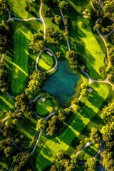 High-angle view of a meticulously maintained golf course, showcasing winding fairways, lush green grass, and a tranquil pond amidst the trees.