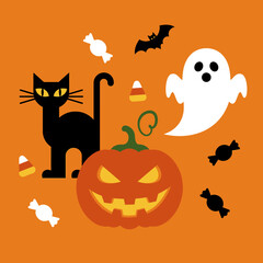A festive Halloween illustration featuring a black cat, a smiling jack-o'-lantern, a ghost, a bat, and scattered candy on an orange background.