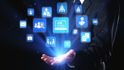 Job search icons show recruitment, HR management, and employee career growth. Job search helps organizations hire talent, job search supports skills, and job search improves workforce. Gist