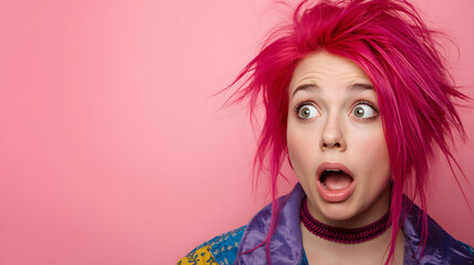 Shocked girl with vibrant pink hair and a distinctive fashion style, characterized by eclectic clothing and bold accessories, looking with wide eyes and an open mouth, her facial expression conveying 
