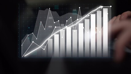 This image depicts a modern financial data visualization, featuring a bar graph and trend line that illustrate significant growth and market analysis insights. Copula