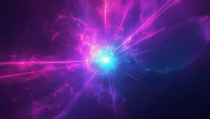 Obraz premium Exploding bright light source with radiating purple and pink energy beams and swirling clouds explosion