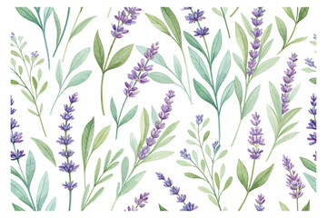 Watercolor Seamless Pattern with Lavender Flowers and Leaves