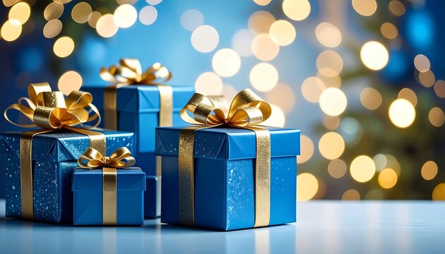 Blue gift boxes with golden ribbons, bokeh background - Powered by Adobe
